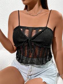 SHEIN Unity Plus Size Knitted Top With Hollow Out Details And Beaded Straps - Black - View 4