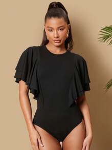 SHEIN Tall Solid Color Ruffle Sleeve Slim Fit Bodysuit