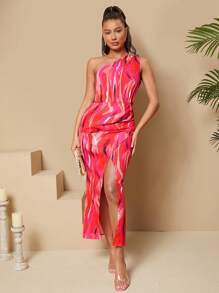 SHEIN Tall 全印花單肩開衩洋裝，適合高個女性 - 彩色 - 查看 7