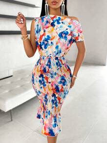 AIJ Amarilo Women's Elegant Commuter Style All-Over Print Asymmetric Neckline Ruched Shoulder Ruffle Hem Fitted Dress (Random Print) - Blue - View 4