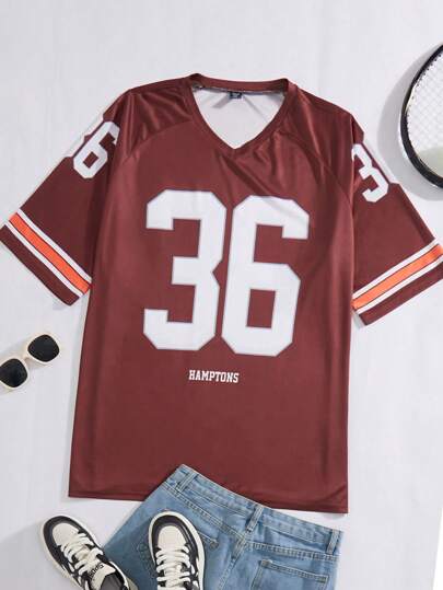 SHEIN EZwear Plus Size Super Loose Fit V-Neck Sports Jersey T-Shirt With Printed Number