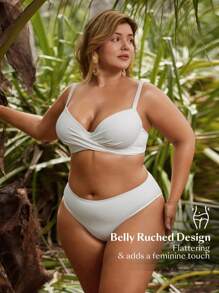 SHEIN Swim Curve Plus Size Women's Solid Color Crossed Bikini Set Summer Beach - White - View 3