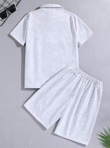 SHEIN Tween男孩鬆身休閒針織純色短袖polo衫和短褲2件套裝 - 灰色 - 查看 4