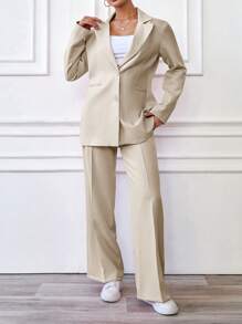 EURMUSE Solid Peak Collar Singe Breasted Placket Suit Sets - Beige - View 5