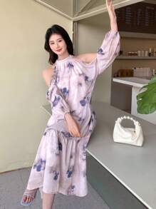 DAZY Tie Dye Open Shoulder Loose Fit Casual Dress Sundress,Fall Clothes Long Sleeve Dress Vacation Outfits Women Boho - Beige - View 4