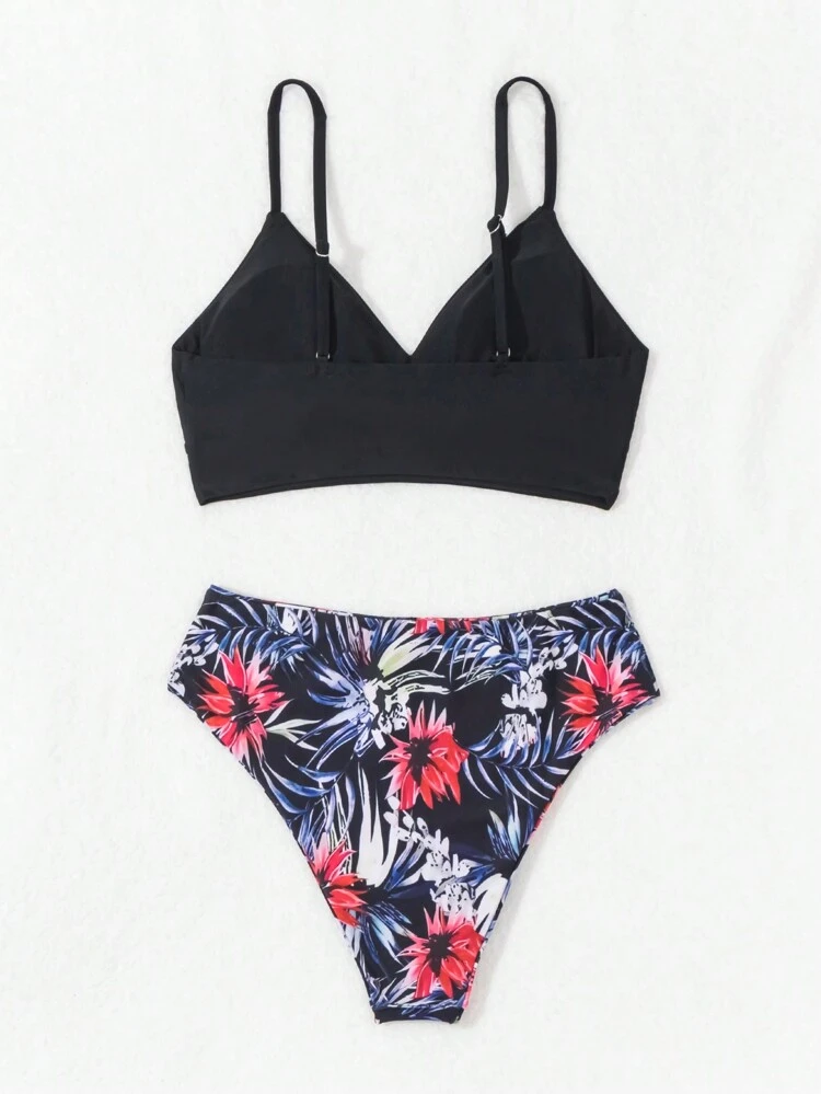 Solid Color Cami Top Tropical Print Triangular Pants Separated Bikini Set Summer Beach