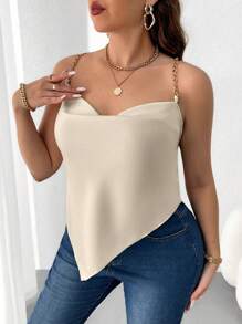 Celure Plus Size Draped Collar Chain Shoulder Strap Camisole Top - Apricot - View 5