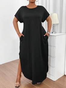 SHEIN EMERY ROSE CURVE Plus Size Women's Solid Color Round Neck Dress With Pockets Maxi Women Outfit - Black - View 8