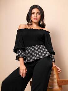 Seusyu Patchwork Flower Embroidered Off Shoulder Top And Wide Leg Pants 2 Pieces Set - Black - View 1