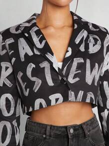 Denimoi Blazer corto de moda con estampado gráfico de letras en el cuello de solapa - Multicolor - Ver 6