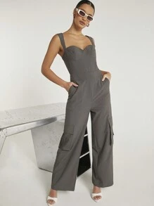 Hauture Pinstriped Wide Leg Slant Pocket Casual Cargo Jumpsuit - Dark Grey - View 1