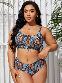 Swim Mod Summer Beach Plus Size Ditsy Floral Bikini Set - Multicolor - View 6