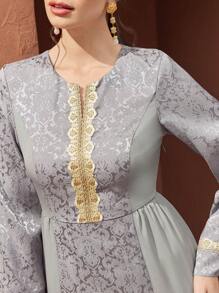 Al Najma Color Block Jacquard Weave Spliced Belted Flared Sleeve Jalabiya Dress, Modest - Grey - View 3