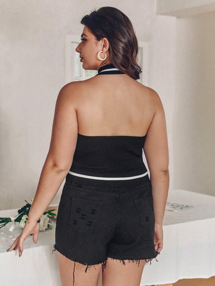 Plus Size Colorblock Hollow Out Halter Ribbed Knit Top