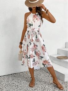 SHEIN Frenchy Của phụ nữ In hoa Xếp li Halter Neck Đầm - Nhiều màu - Xem 3