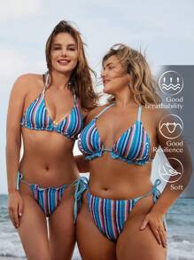 SHEIN Swim Curve Plus Size Color Blocked Striped Swimwear Set, String Bikini Bikini Set Bathing Suit Beach Outfit GRANDPACORE Summer Vacation Bestie Matching Set