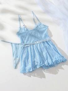 SHEIN 女士蝴蝶结蕾丝前吊带连衣裙 + 丁字裤性感内衣套装，适合外出穿着 - 淺藍色 - 查看 2