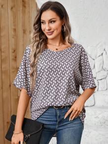 EMERY ROSE Của phụ nữ Tất cả Hình học In Vòng cổ Áo sơ mi - Màu Khaki - Xem 3