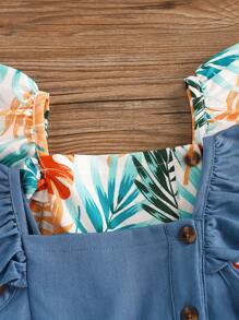 SHEIN Vintaside Kids Juego de 2 vestidos para niña pequeña, de moda con estampado de hojas, detalles de botones y ribetes de volantes sin mangas y vestido sólido para vacaciones de verano - Multicolor - Ver 4
