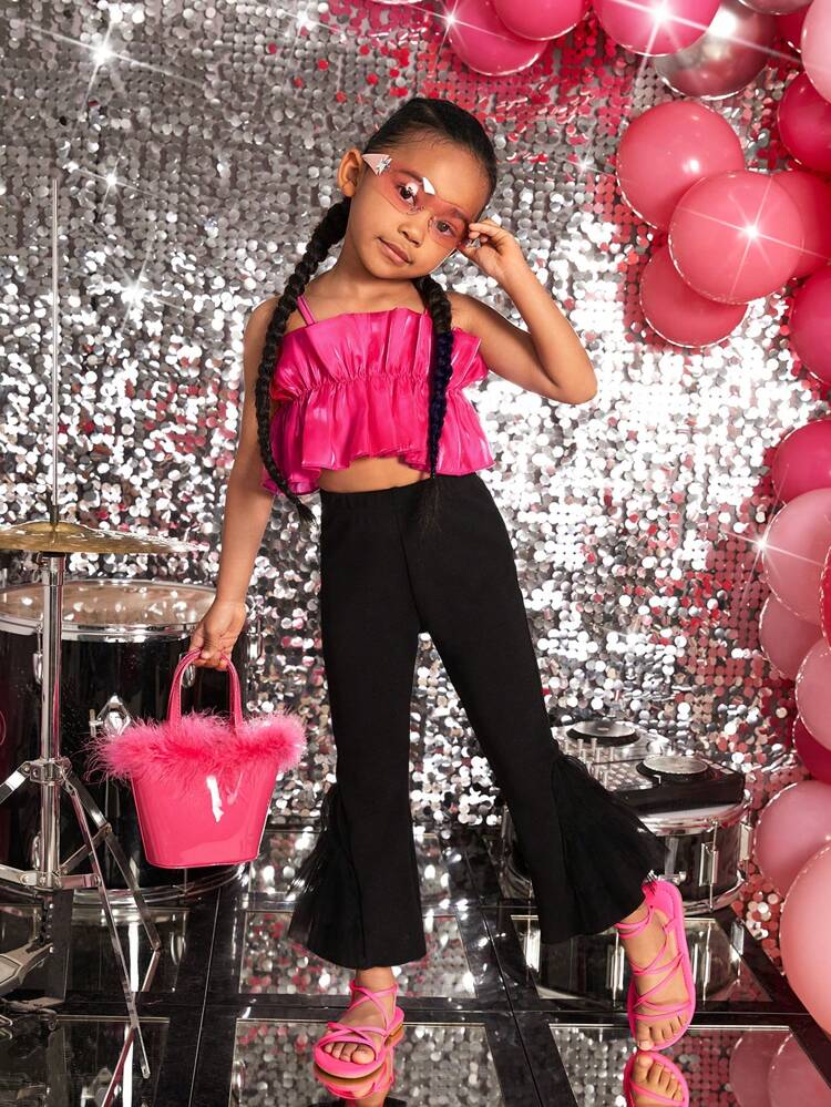 Young Girl 2pcs/Set Pink Spaghetti Strap Top & Mesh Splicing Flared Pants