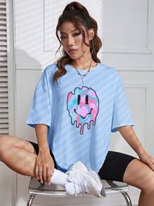 INAWLY Áo thun trễ vai dáng rộng có họa tiết hoạt hình - Màu xanh lam - Xem 5