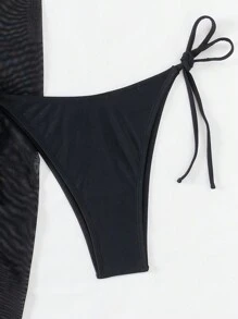 SHEIN Swim 女士纯色褶皱两件套比基尼套装夏季海滩 - 黑色 - 查看 5