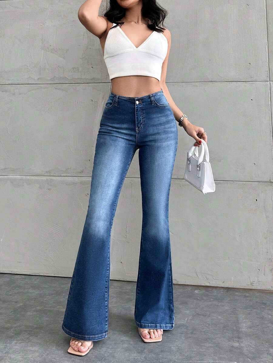 Washed Cat Whisker Flare Jeans With Slant Pockets - Medium Wash - View 1