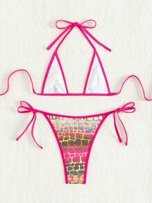 Swim SXY Conjunto de bikini de verano con estampado y ribete contrastante para mujer - Multicolor - Ver 5