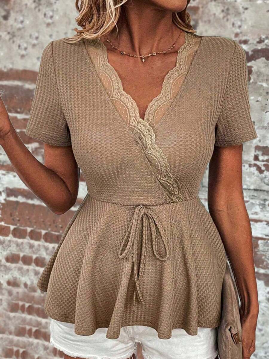 SHEIN LUNE Camiseta Texturizada Con Encaje Para Mujer - Marrón - Ver 1