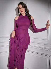 Modelyn Solid Color Halterneck Ruffle Trim Dress With Decorative Border - Rose Red - View 3