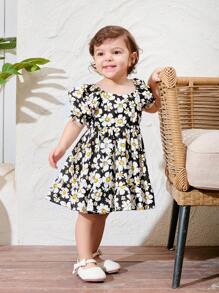 SHEIN Baby Girl Summer Holiday Casual Floral Print Ruffle Trim Bubble Sleeve Dress - Green - View 3