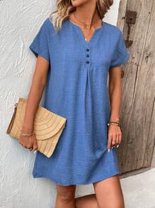 EMERY ROSE Solid Color Notched Collar Batwing Sleeve Dress - Blue - View 4