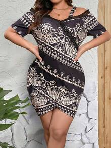 Celure Plus Size Váy quấn viền ren in họa tiết cổ điển - Nhiều màu - Xem 7