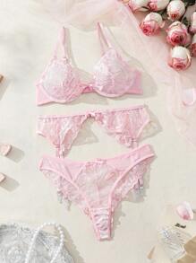 SHEIN 女士性感綁帶蕾絲內衣套裝 - 粉色 - 查看 1