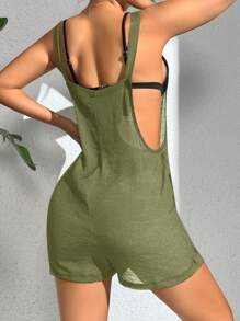 SHEIN Swim Solid Color Square Neck Sleeveless Cover Up Romper, For Vacation, Summer Beach - Green - View 2
