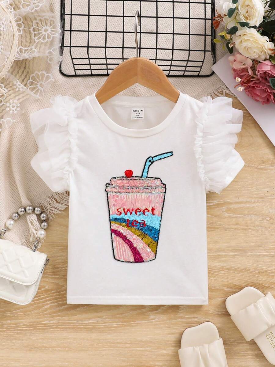 SHEIN 年轻女孩婚礼季闪亮饮料字母刺绣网眼撞色盖袖T恤 - 白色 - 查看 1
