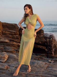 Zolique 女士扭結胸口,空心腰身貼身連衣裙 - 綠色 - 查看 1