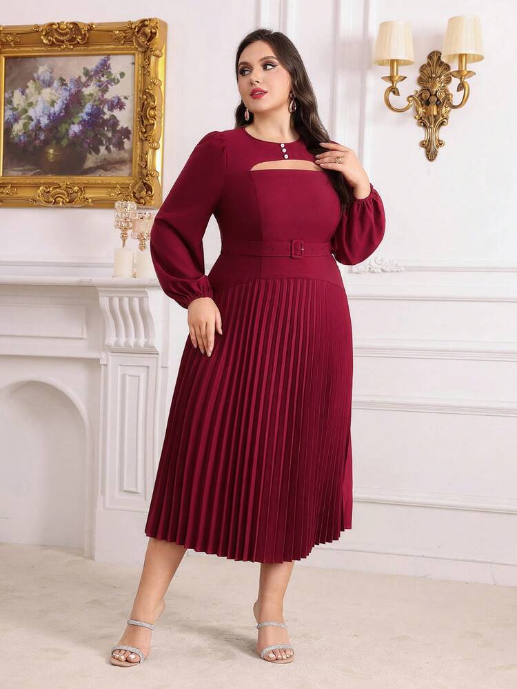 Burgundy Red Plus Size Women's Lantern Sleeve Round Neck Dress With Hollow Out Design, Pleated Hem Long Evening Dresses