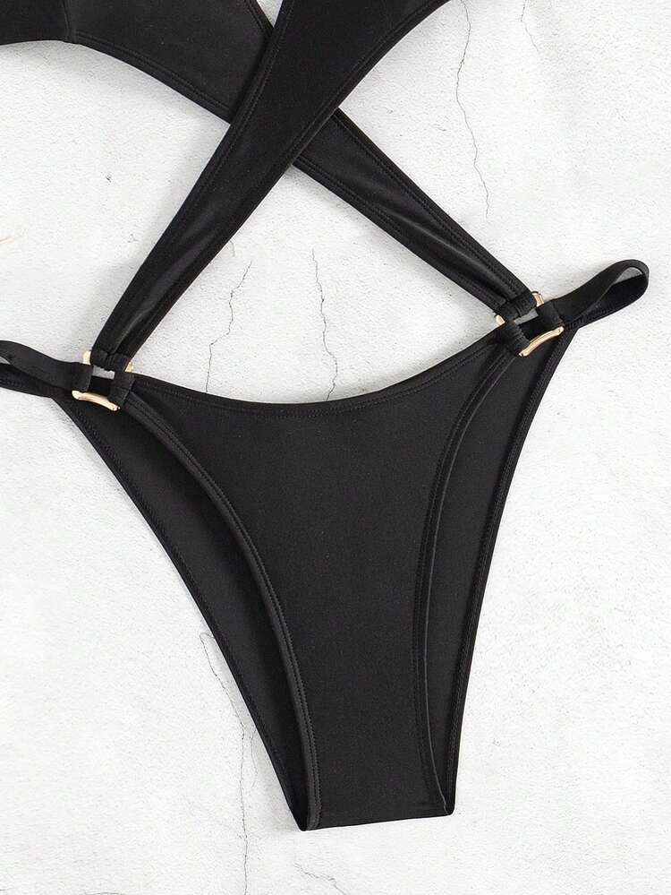 Solid Color Hollow Out Halter Neck One Piece Swimsuit Summer