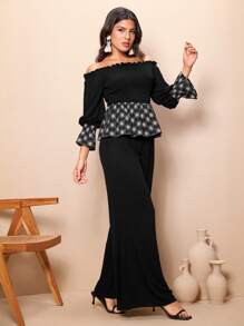 Seusyu Patchwork Flower Embroidered Off Shoulder Top And Wide Leg Pants 2 Pieces Set - Black - View 5