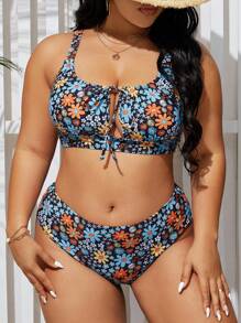 Swim Mod Summer Beach Plus Size Ditsy Floral Bikini Set - Multicolor - View 4