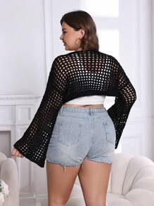 Flirla Hơn Đan Mở Thả vai Áo len Crop Không có áo Top Tube - màu đen - Xem 2