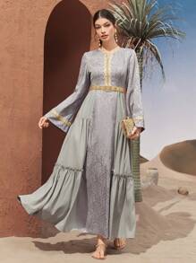 Al Najma Color Block Jacquard Weave Spliced Belted Flared Sleeve Jalabiya Dress, Modest - Grey - View 7