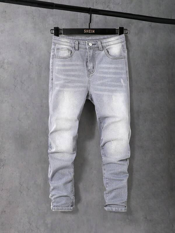 SHEIN Tween Boy Ripped Washed Grey Boy Jeans With Oblique Pocketf, For Spring And Summer Boy Clothes