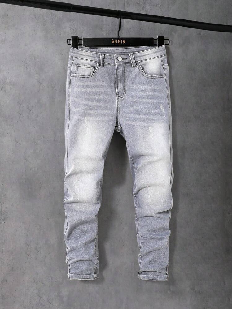 SHEIN Quần Jeans Bé Trai Màu Xám Rách Giặt Có Túi Xiên Cho Bé Trai, Quần Áo Mùa Xuân Và Mùa Hè Cho Bé Trai - Xám - Xem 1