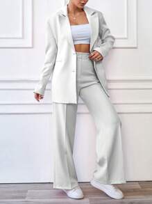 Solid Peak Collar Singe Breasted Placket Suit Sets - White - View 4