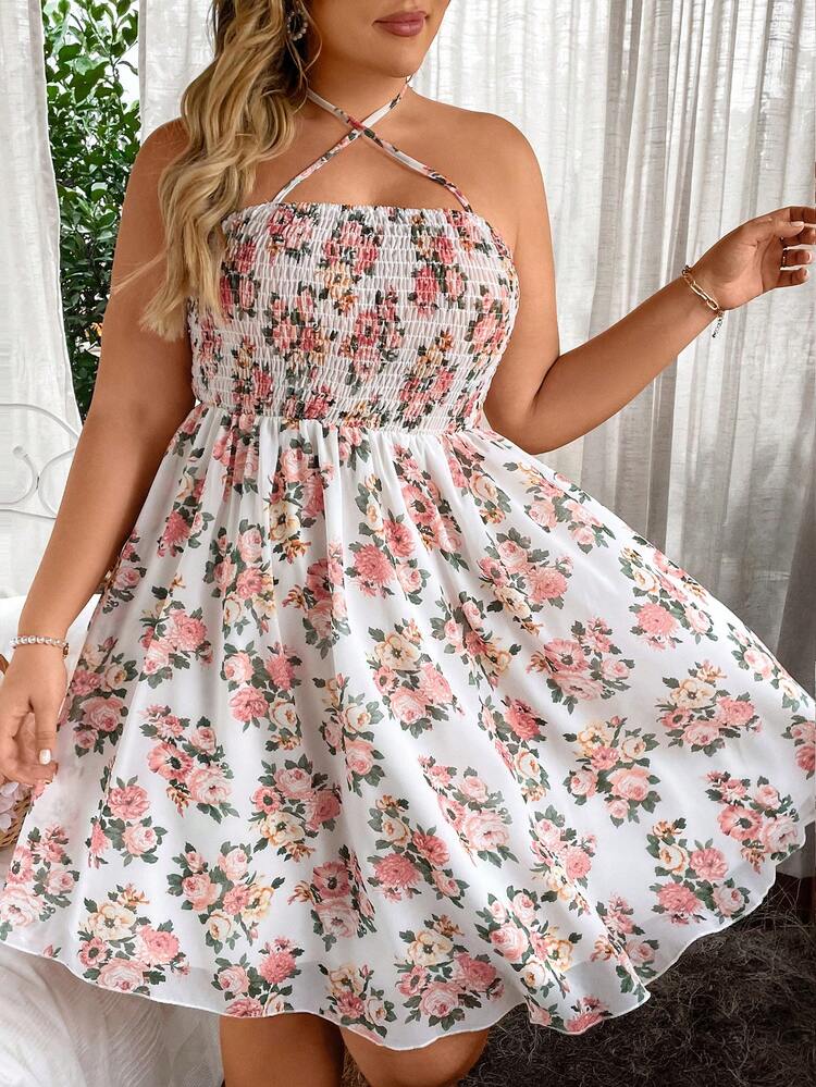 Plus Size Floral Print Halter Neck Swing Dress