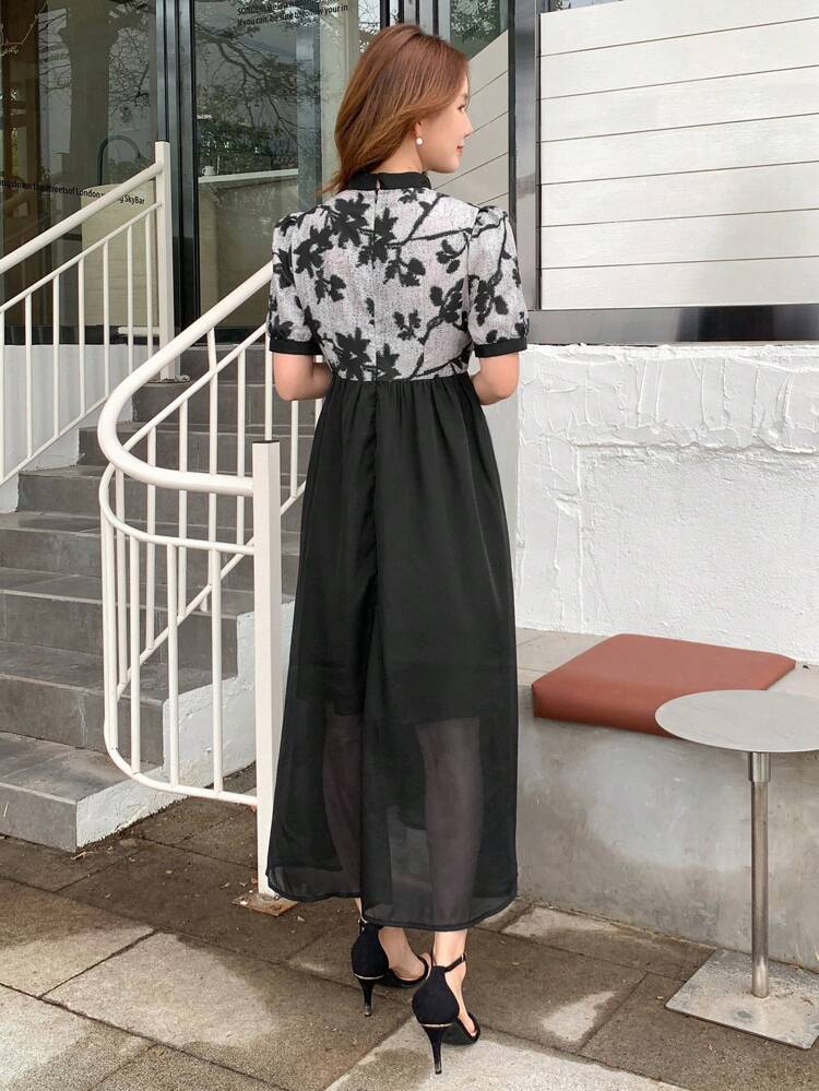 Women's Floral Print Colorblock Cinched Waist Dress With Buckle Decoration Maxi Dress
