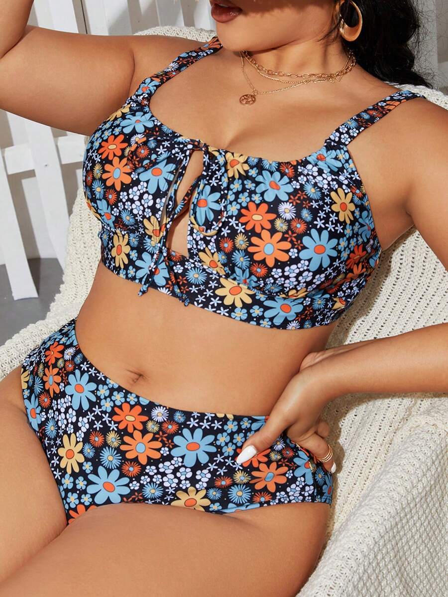 Swim Mod Summer Beach Plus Size Ditsy Floral Bikini Set - Multicolor - View 1