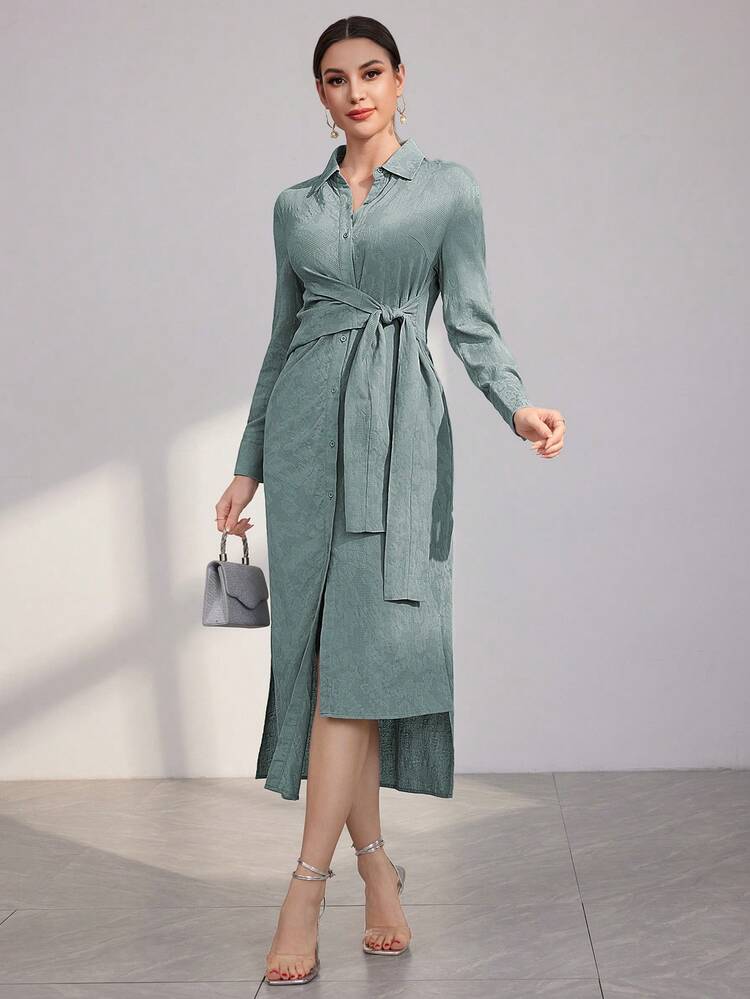 Women's Long Sleeve Tie Front Shirt Dress Long Evening Dresses